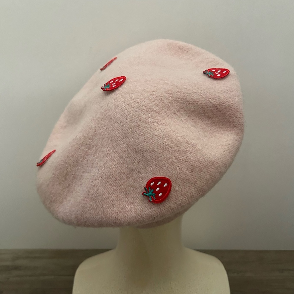 Pink Strawberry Wool Blend French Parisian Beret Hat Cap OSFM - Picture 3 of 7